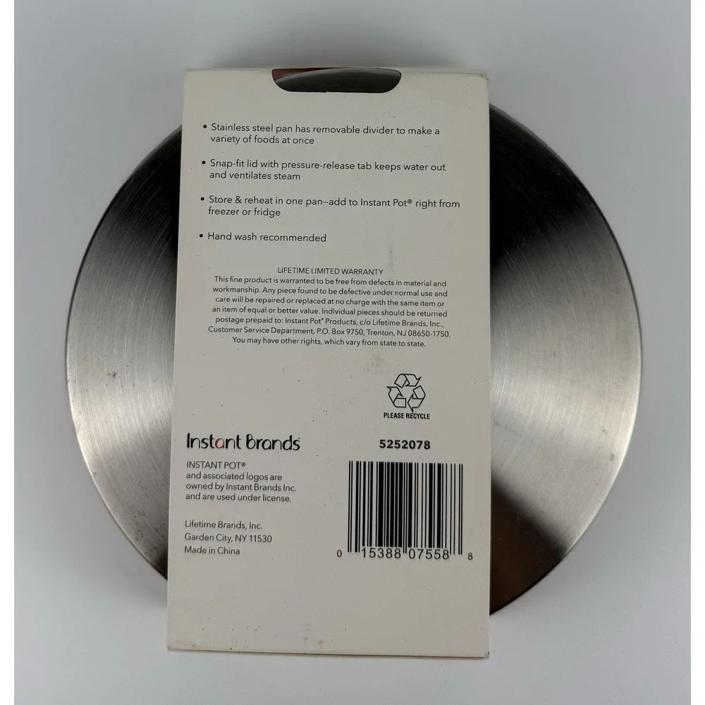 Instant Pot Round Cook Bake Pan w/ Divider & Lid 6 Qt 8 Qt Stainless Steel